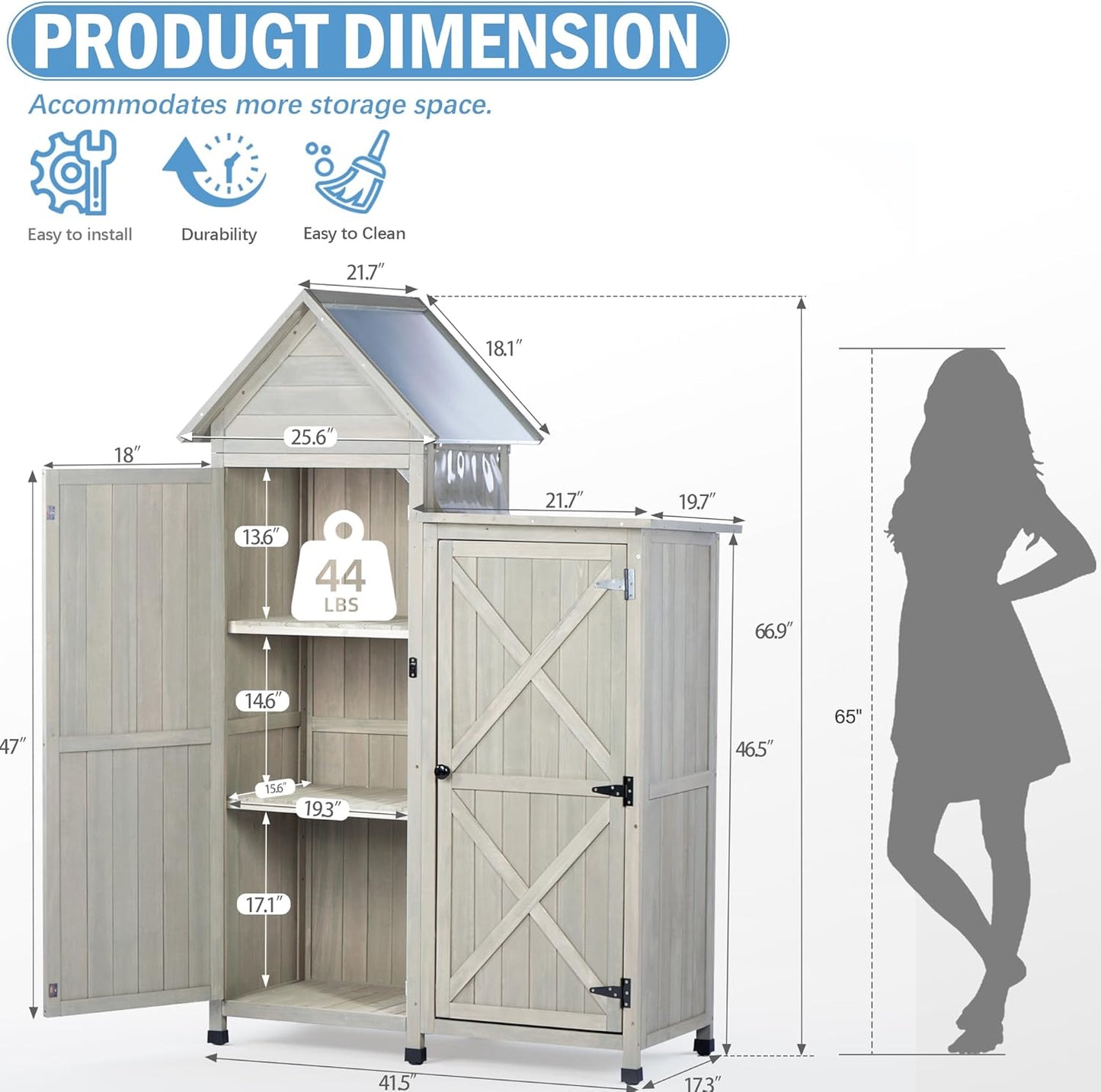 Outdoor Storage Cabinet - Waterproof Metal Roof & Wooden Vertical Design, Tall Garden Tool Shed with Multiple Shelves for Patio, Backyard, Lawn, Yard (Gray, 22" x 46" x 67")