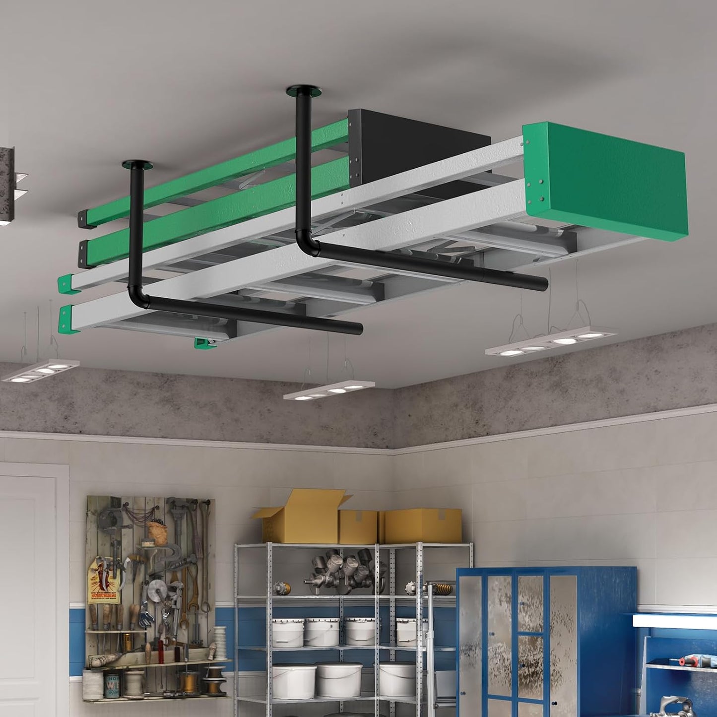 Surfboard Wall Mount or Ceiling Rack, Heavy-Duty Overhead Garage Storage Rack with Sponge Pads, Garage Ceiling Storage Racks for Ladder, Surfboard, Snowboard, Paddle Boards, Holds 100 lbs, Black
