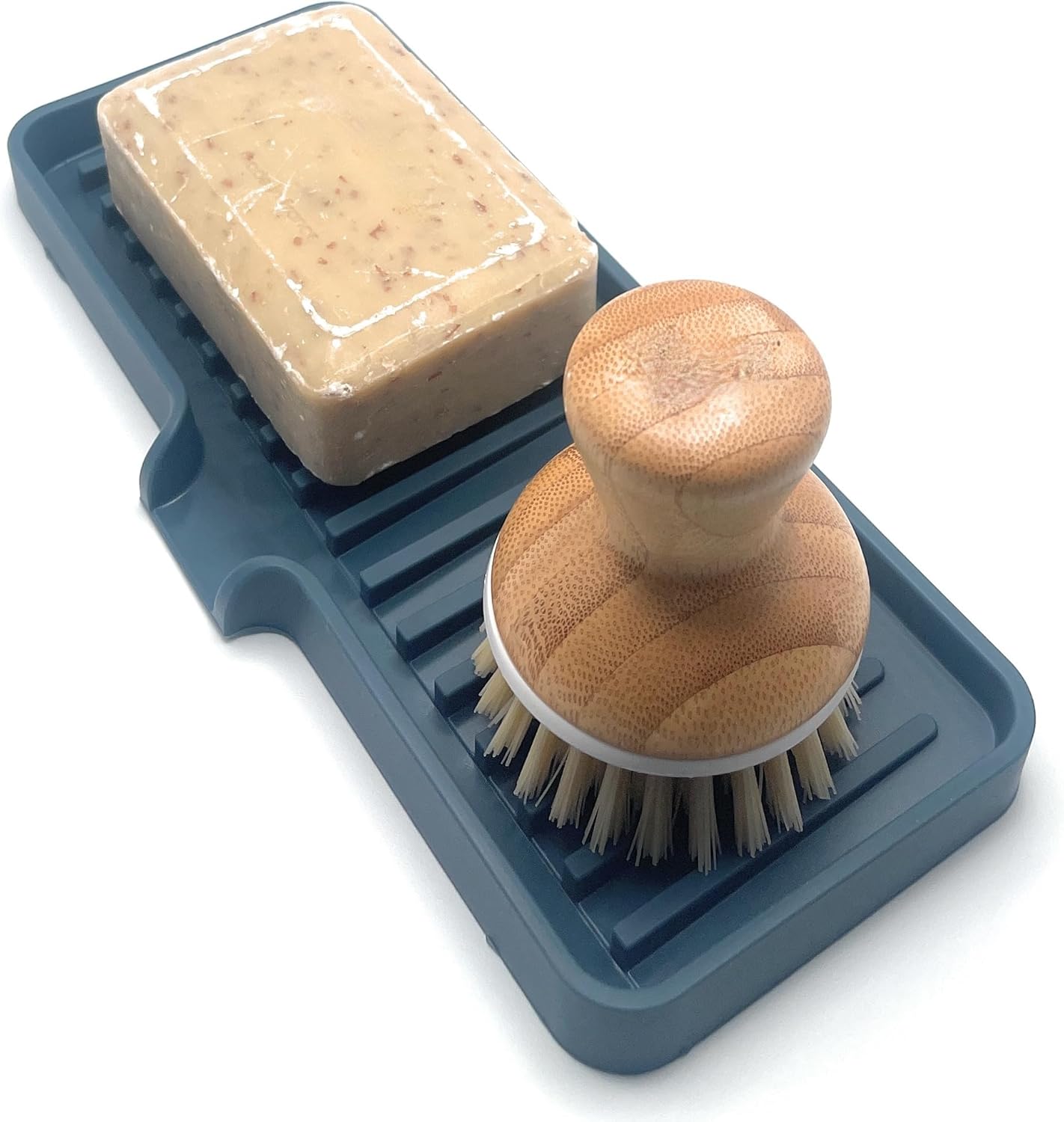 Happitasa Silicone Soap Dish Tray and Sponge Holder with Drain Chute | Bathroom and Kitchen Sink Organizer Caddy (Smoky Blue, 9"x3.5", 5.6 Ounces)
