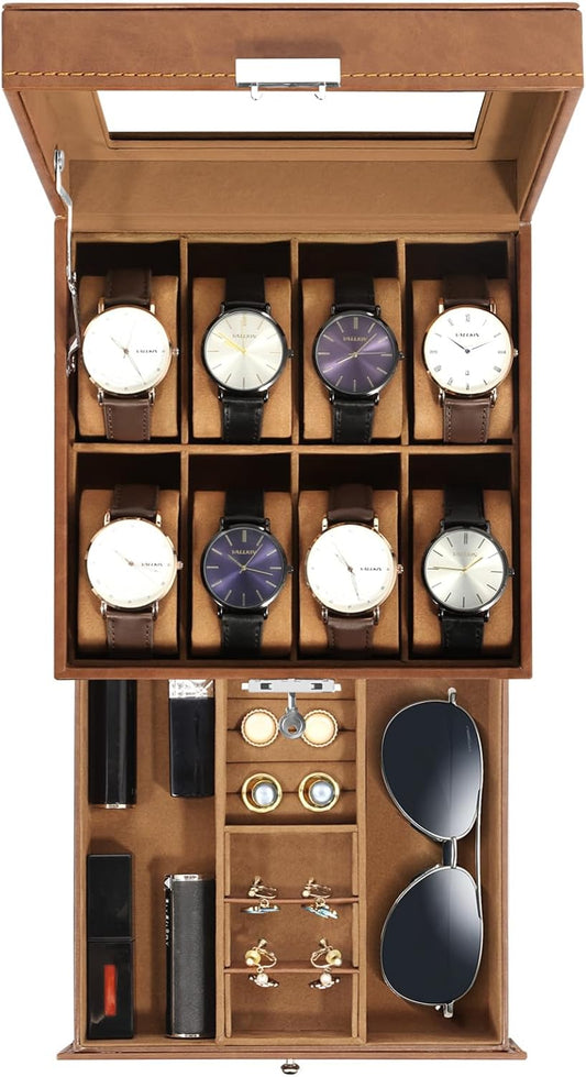Uten 8-Slot Watch Box, 2-Layers PU Leather Watch Case with Glass Lid, Watch Holder Organizer with Soft Pillow and Velvet Lining, Watch and Jewelry Storage Box, Brown