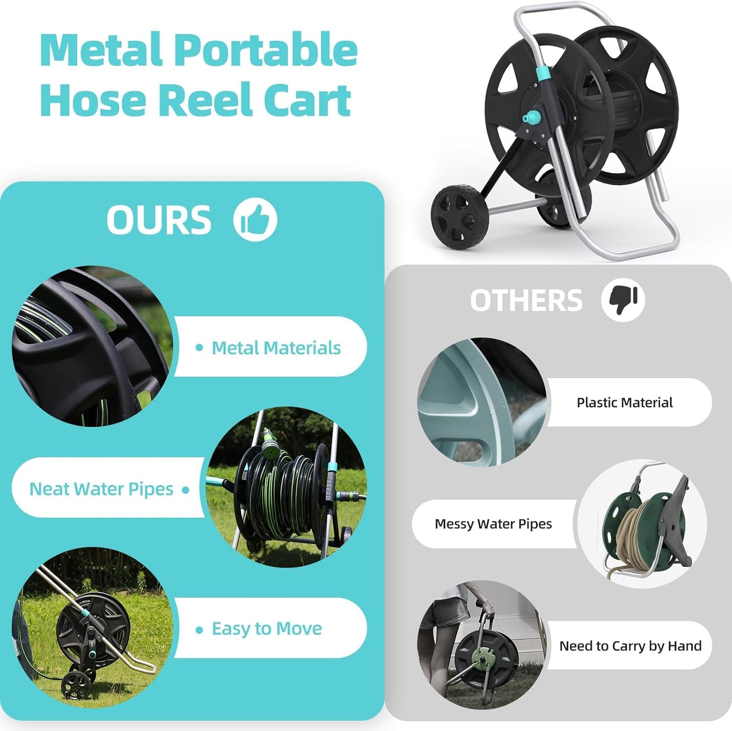 Garden Hose Reel Cart, Metal Heavy Duty Garden Hose Reel with Wheels,Portable Hose Carts Holds 50-120 feet,Hose Reel for Outdoor, Backyards, Gardens or Lawns