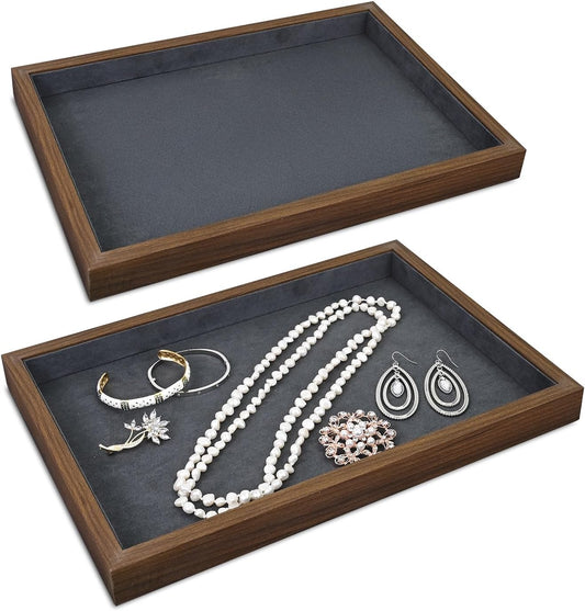MOOCA 2 Pcs Wooden Jewelry Display Tray, Presentation Tray, Organizer for Rings, Necklaces, Earrings, and Accessories, Walnut Color with Grey Suede, 14" W x 9.6" D x 1.2" H