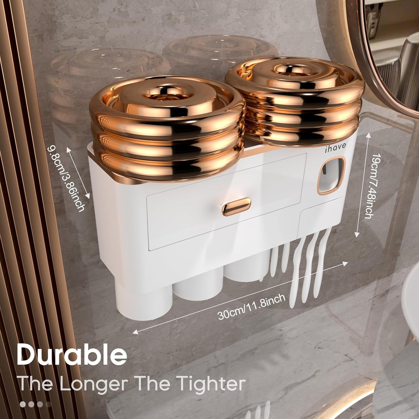 iHave Toothbrush Holders for Bathrooms - Upgrade Wall Mounted Toothbrush Holder with Toothpaste Dispenser - 3 Cups, Large Capacity Tray - Bathroom Accessories & Bathroom Storage
