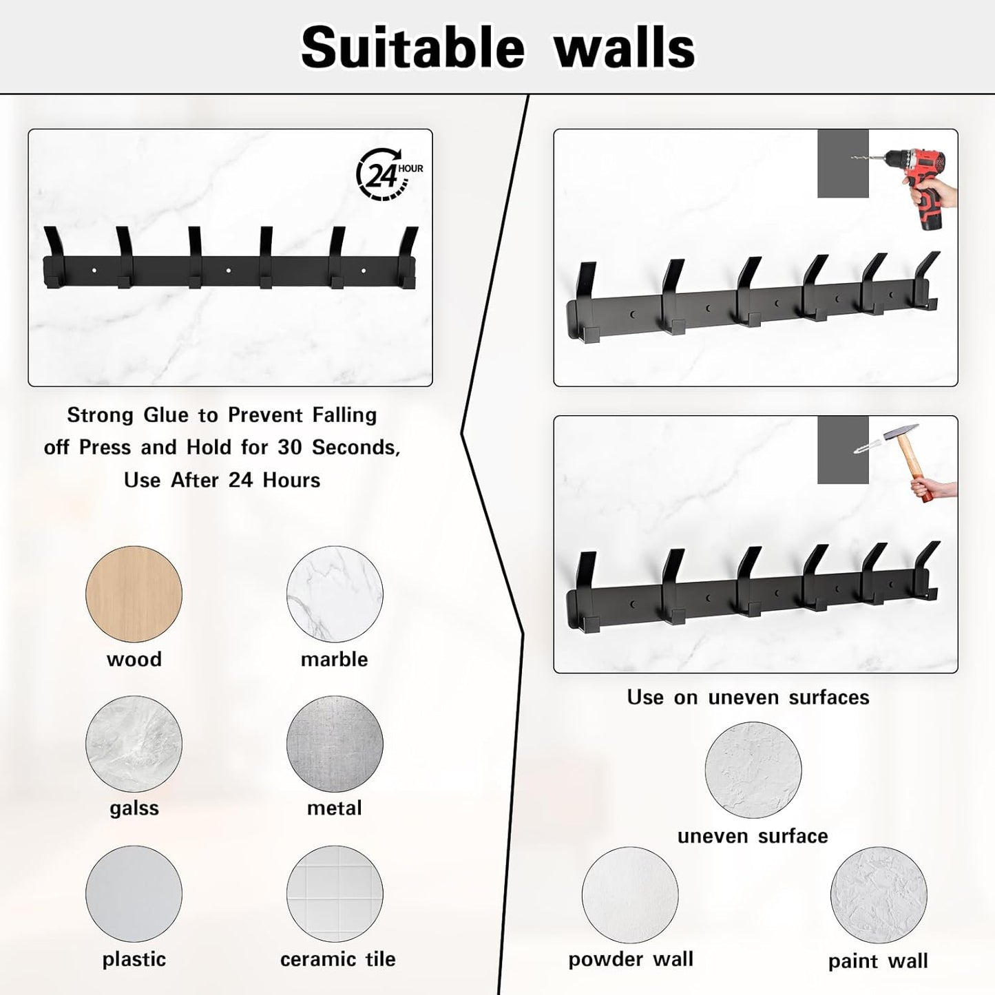 2 Pack Coat Rack Wall Mount,17.3 in Wall Hooks for Hanging, Coat Hanger Wall Mount Towel Rack Hat Rack for Wall with 6 Hooks for Entryway, Bedroom, Bathroom (Black,6 Hook-2Pack)