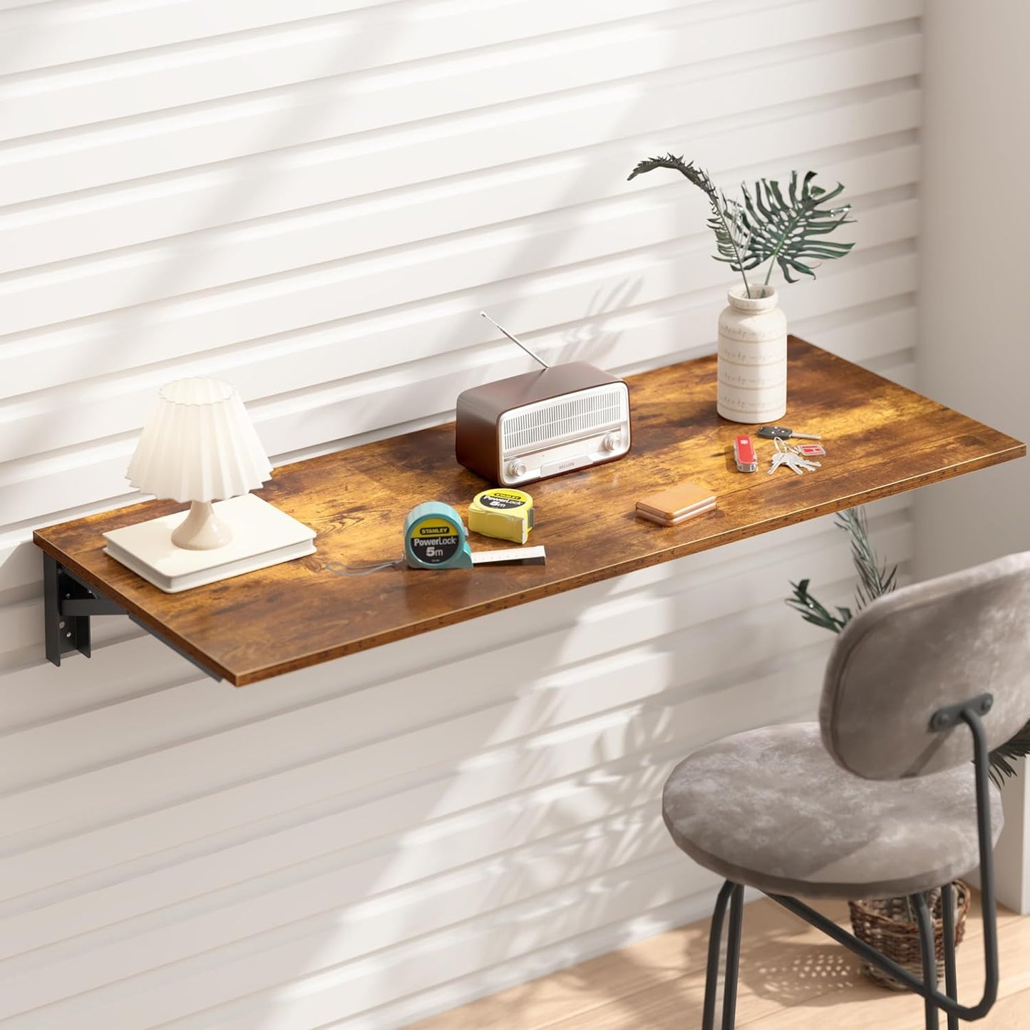 Need Wall Mounted Desk - Heavy Duty Folding Work Table Length 36" Width 20"/Small Space Hanging Desk Perfect Addition to Home/Office/Kitchen & Dining Room Rustic Brown AC15-9050FG-ND