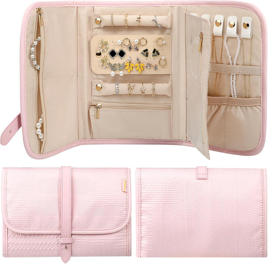 Voova Travel Jewelry Holder Organizer Case, Large Jewelry Storage Bag for Women Girls, Foldable Traveling Jewellery Pouch Roll for Necklaces Rings Earrings Bracelets, Light Pink
