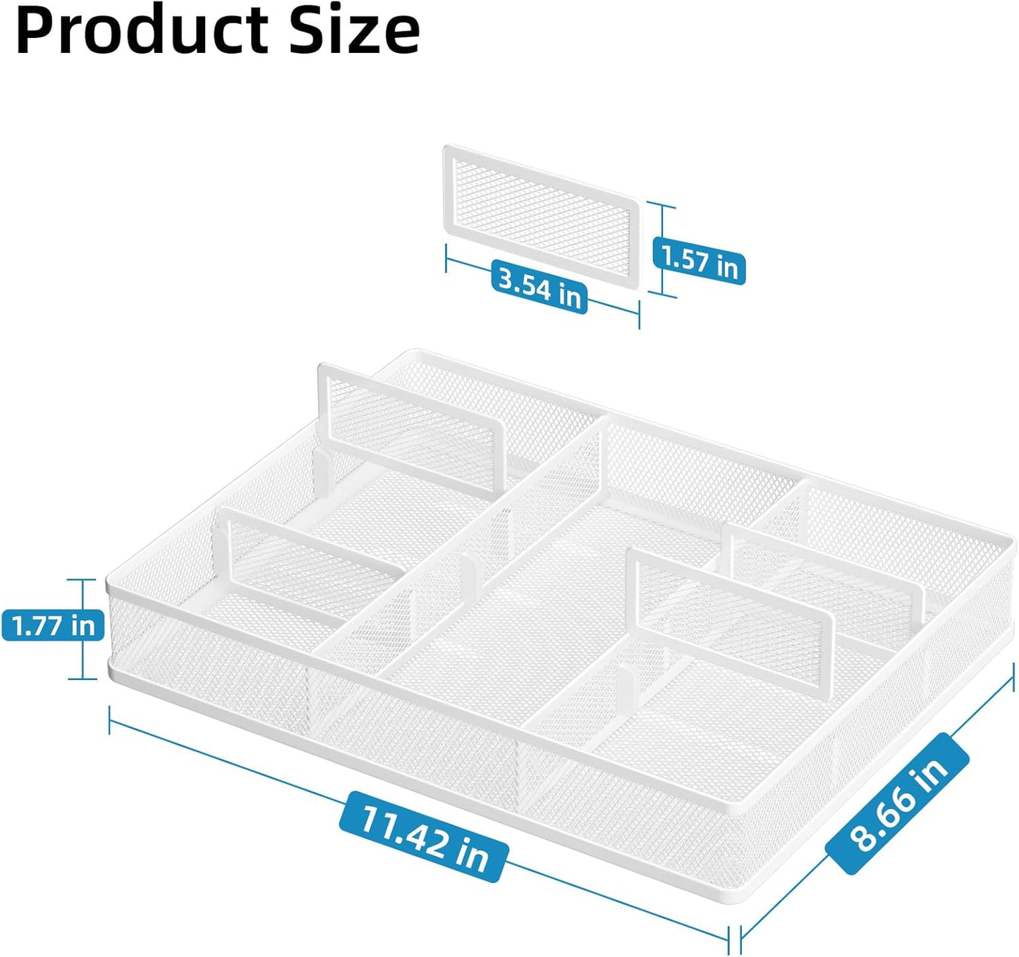 Marbrasse 2P Desk Drawer Organizer, Metal Mesh Drawer Organizer Tray with 5 Adjustable Compartments,Desk Organizers and Accessories for Home,Office,Kitchen,Makeup,Vanity (White)