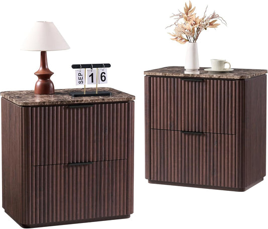 Fluted Nightstand Set of 2, Bedside Table with 2 Drawers, Engineered Wood End Table with Faux Marble-Top, Curved Corners, Metal Handle, Modern Night Stand for Bedroom, Small Spaces, Dark Oak