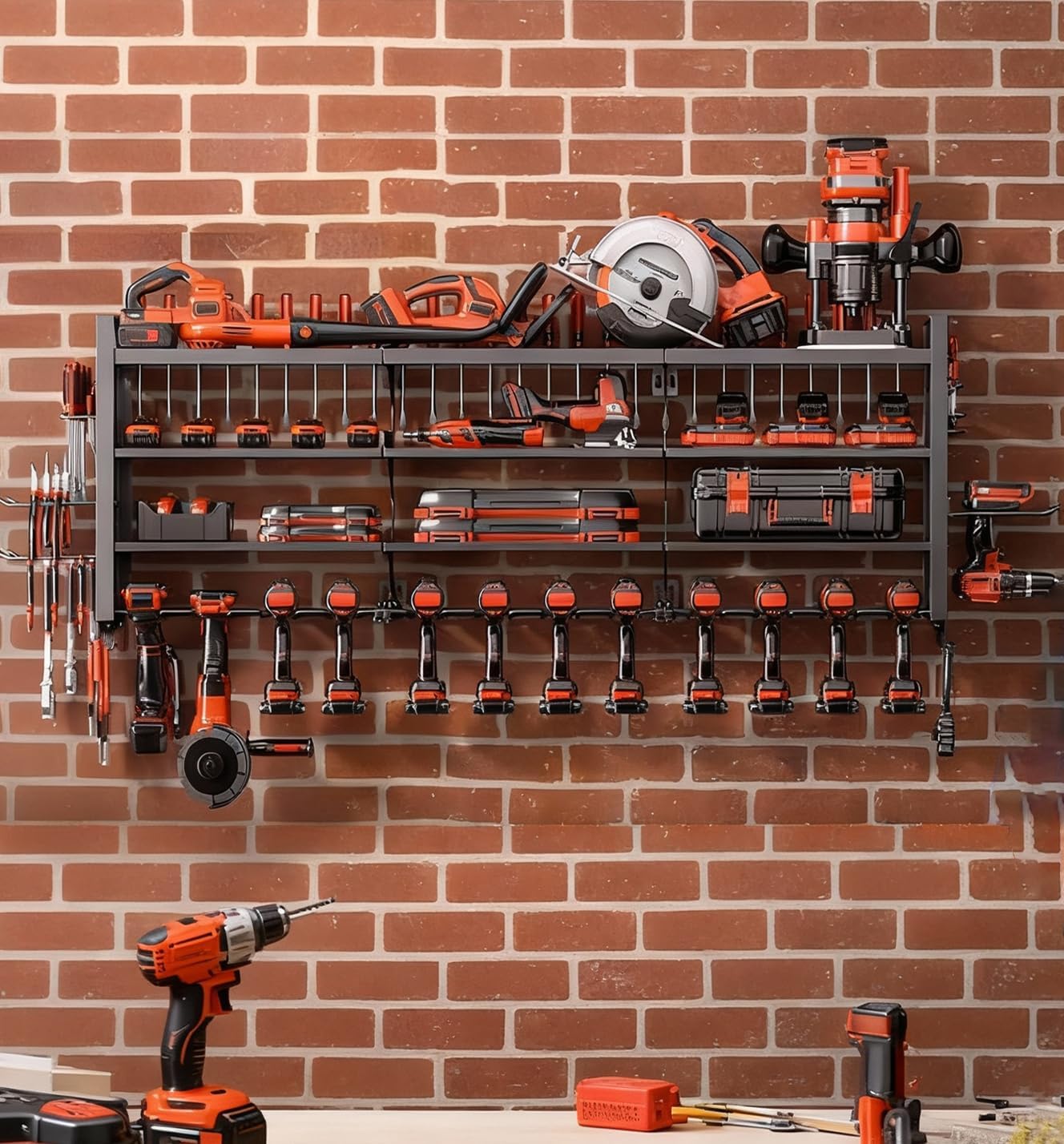 49" W Super Large Power Tool Organizer Wall Mount,Heavy Duty Cordless Tool Organizer with 14 Drill Holder,450 Lbs Capacity 4-Layer Garage Organization for Garage and Workshop (Black)