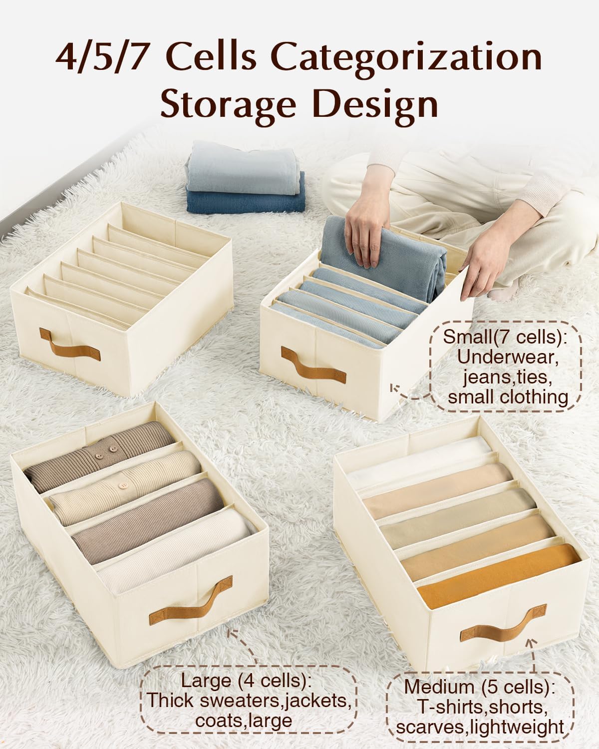 Clothes Organizers and Storage - 4/5/7 Grids Fabric Jeans Organizer with Handles, Foldable Closet Organizers Dividers, Wardrobe organizer for Pant, Sweater, T-shirt, Scarf, 6 Pack, Beige