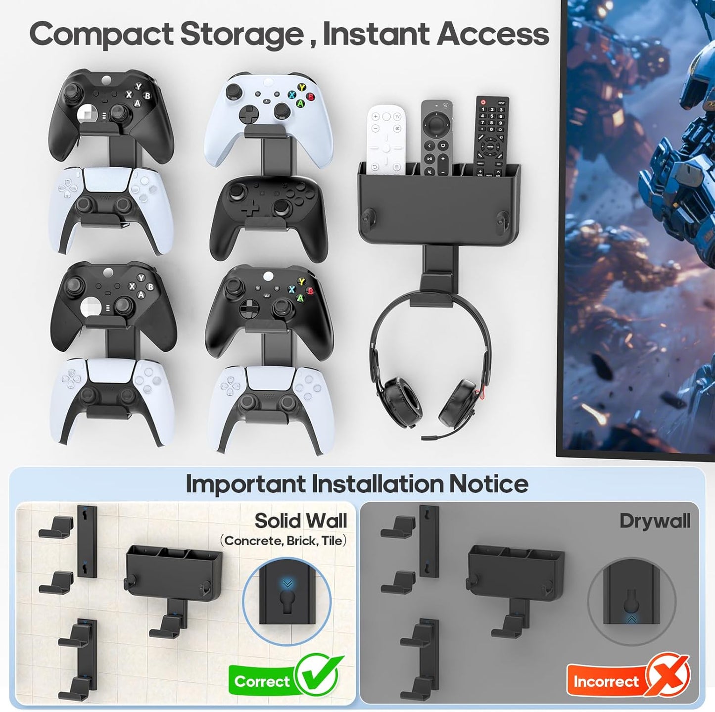 Controller & Headset & Remote Holder Wall Mount with No Drill, 4 Packs Gaming 8 Controllers Hanger Hook Mount for PS5/PS4/XBOX/Switch, Headphone Stand & Remote Control Holer Wall Shelf with Adhesives