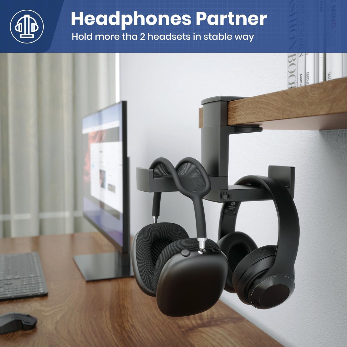 Dual Headphone Stand Holder - EURPMASK 2 in 1 PC Gaming Headset Hooks, 360 Degree Rotating Headphone Hanger with Adjustable Clamp & Cable Clip Organizer, Headset Mount Under Desk Earphone Clamp-Black