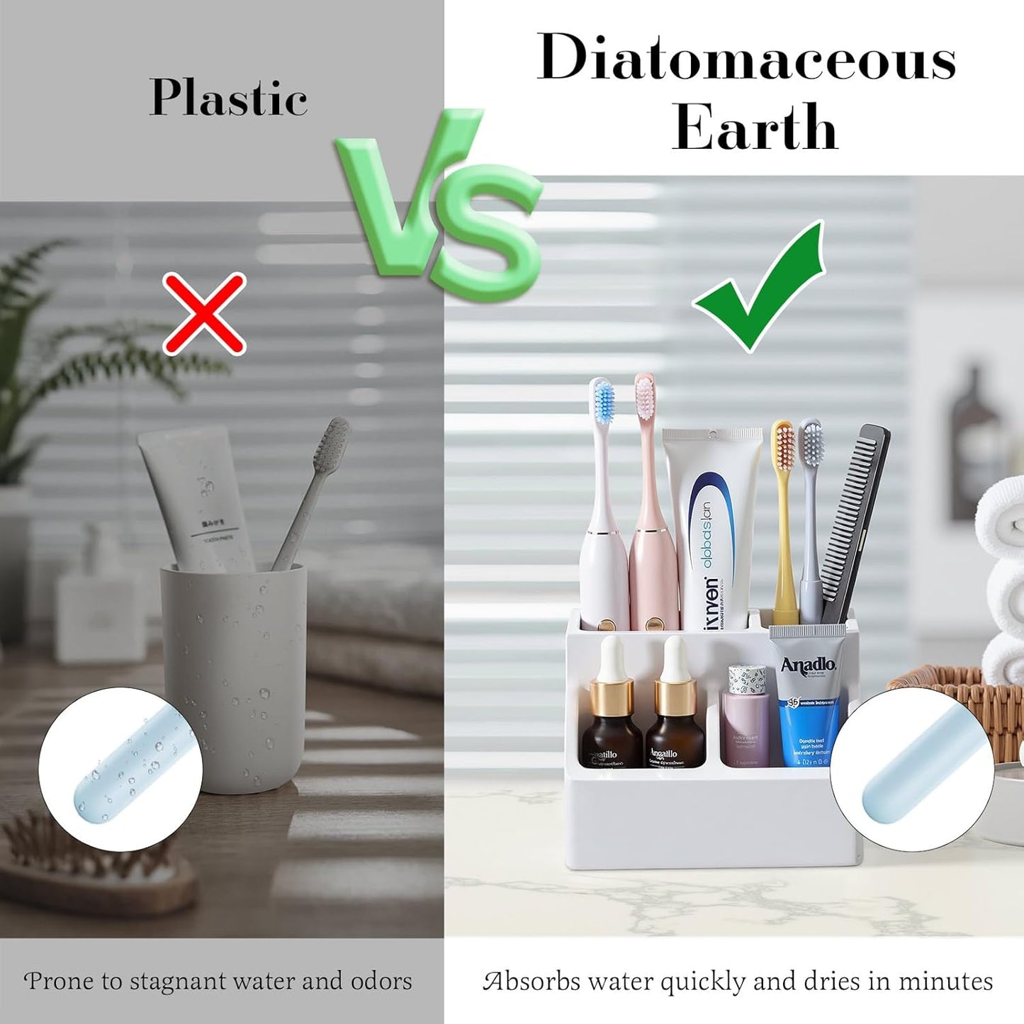 Luxspire Toothbrush Holder, Fast Drying Toothbrush Holders for Bathroom, Diatomaceous Earth Electric Tooth Brush Organizer Toothpaste Holder for Countertop Dresser, Light Gray