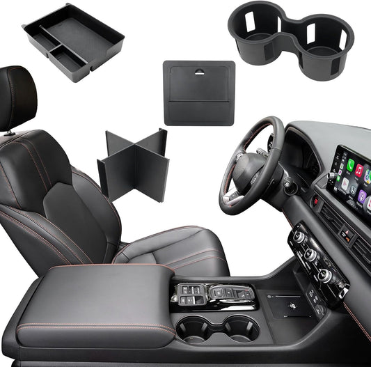 4PCS Center Console Organizer Tray for 2026-2023 Honda Pilot Ridgeline Passport Accessories, Armrest Storage Box and Divider, Hidden Storage Box and Cup Holder for Honda Pilot Ridgeline Passport