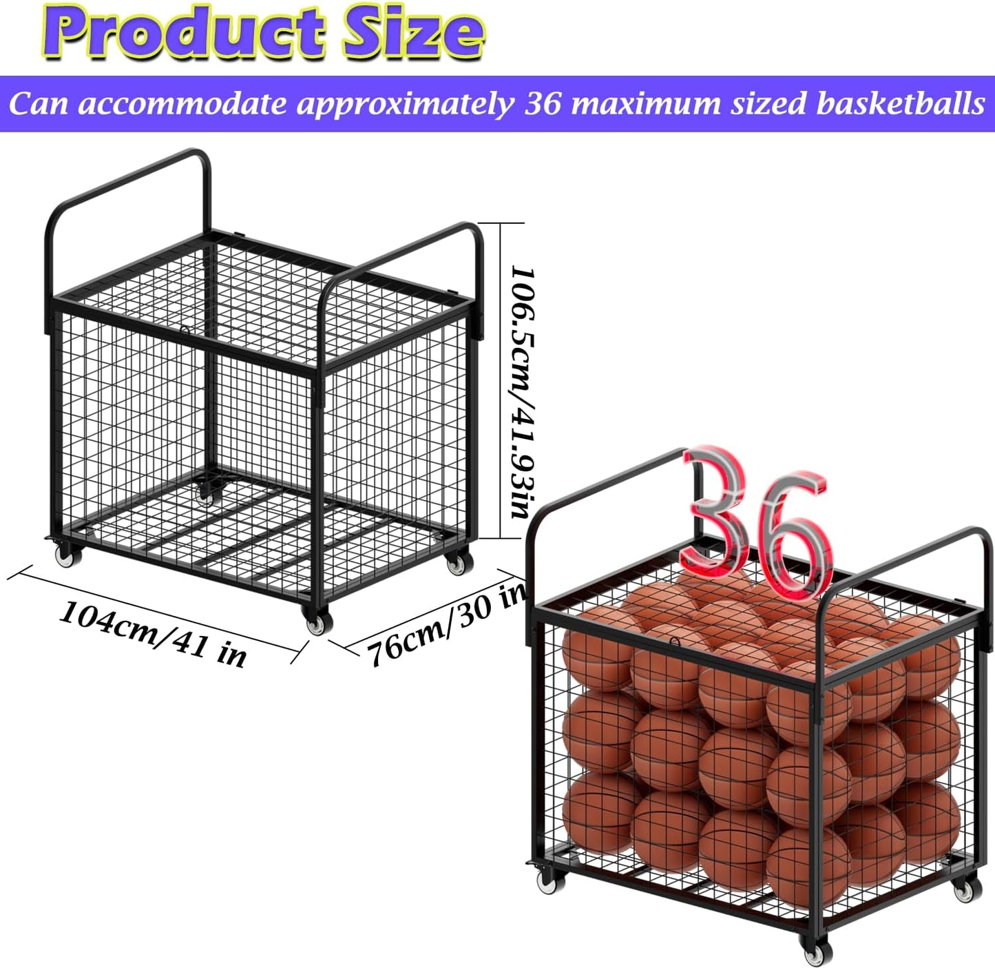 Ball Storage - Basketball Cart With Wheels Garage Volleyball Storage Sport Equipment Holder Organizer For Indoor Outdoor,Metal Storage Rack For Playgroup,Gym And School