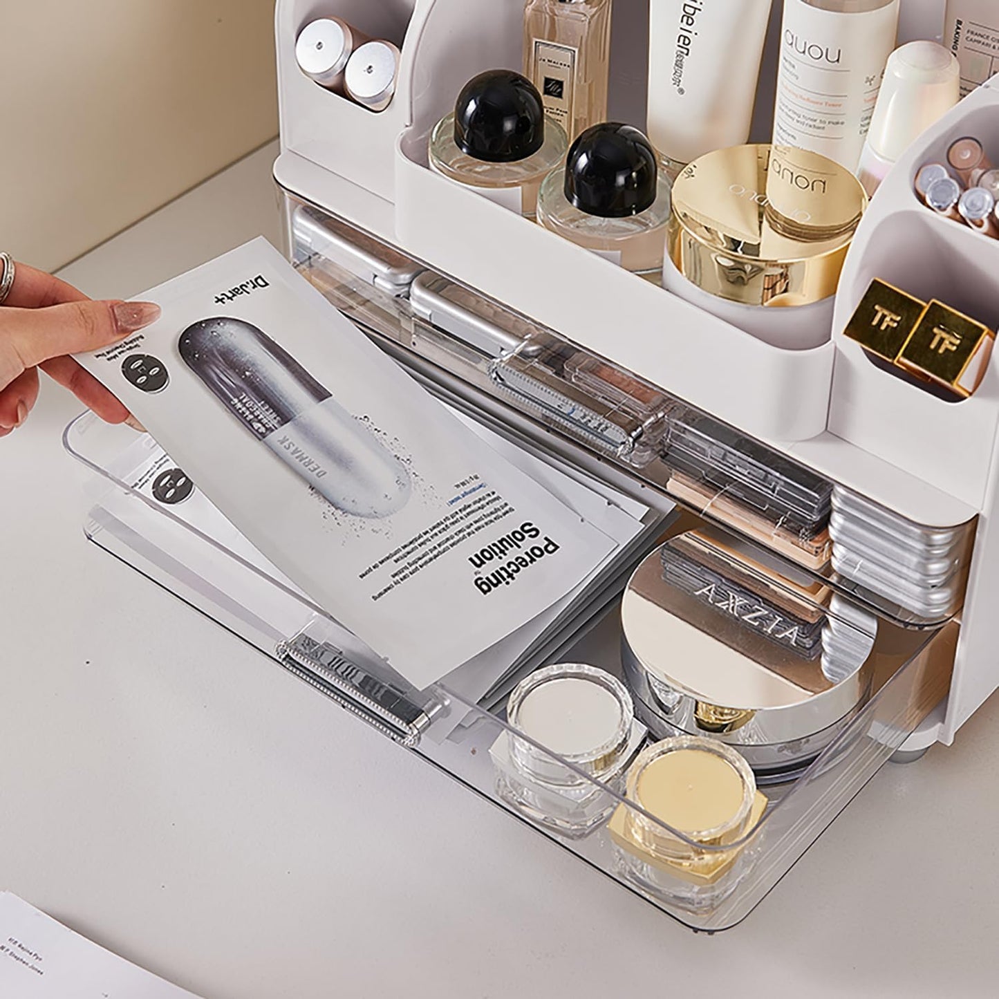 Makeup Organizer with Drawers for Vanity,Bathroom Countertop Organizer with Brushes Holder,Skincare Storage Organizer,Perfect Cosmetic Display Case for Skincare,Lipstick and Beauty Essential (White)