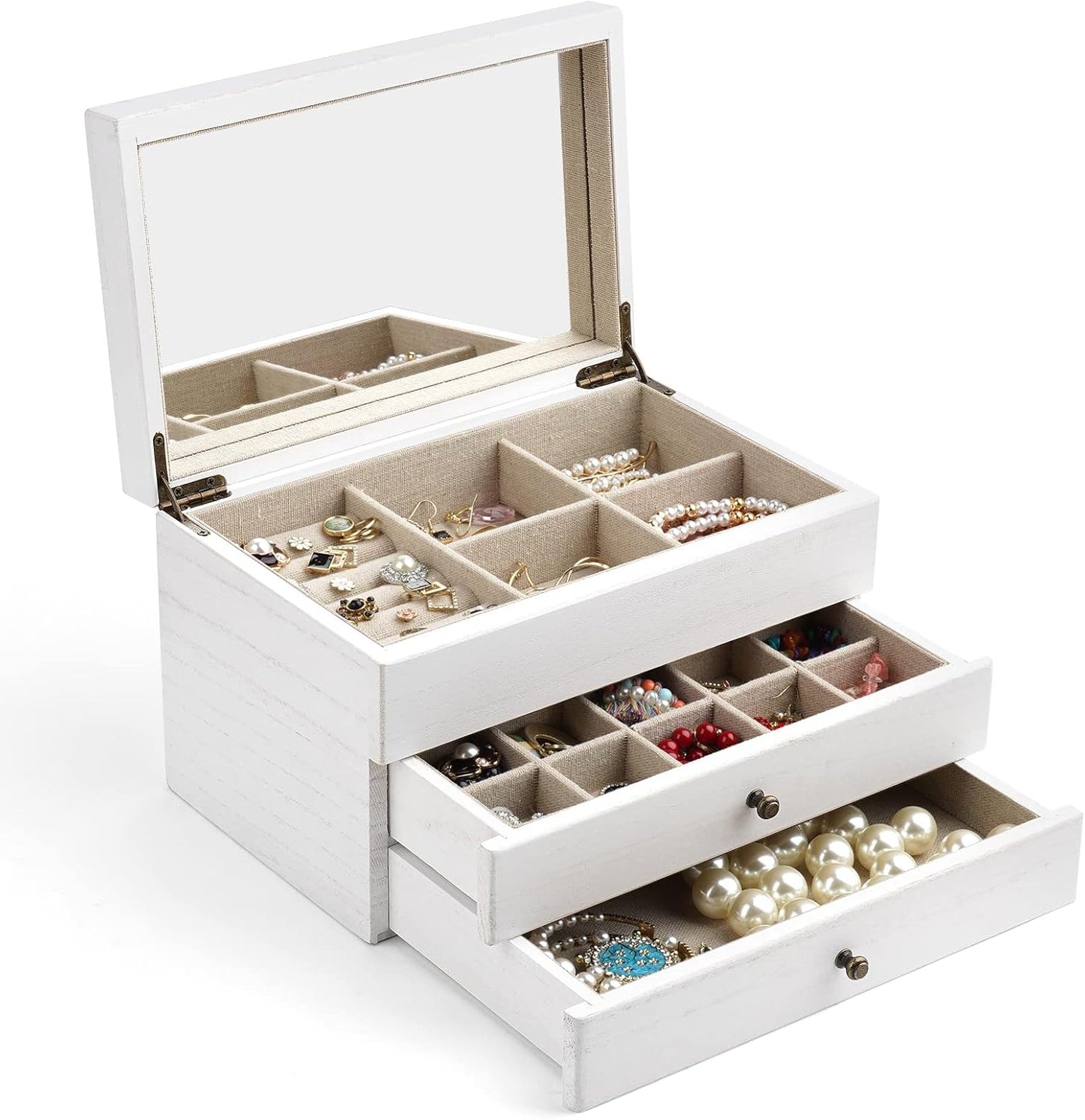 Meangood Jewelry Box Organizer for Women, 3 Layer Large Jewelry Storage Case, Rustic Wooden Jewelry Box with Mirror & Ring Tray for Necklace Earring Bracelets Rings, Vintage Style (White)