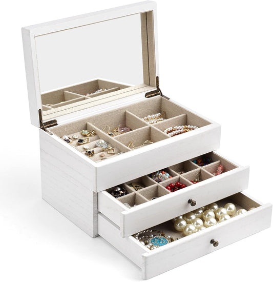 Meangood Jewelry Box Organizer for Women, 3 Layer Large Jewelry Storage Case, Rustic Wooden Jewelry Box with Mirror & Ring Tray for Necklace Earring Bracelets Rings, Vintage Style (White)