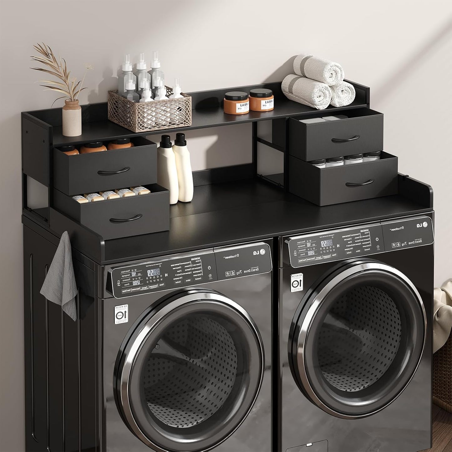 4 Drawers Washer Dryer Countertop with Shelf, 27.5" D x 54" W Laundry Topper with 3.54" High Guardrails and Non-Slip Pads,Extra Storage Organizer for Over Washer and Dryer, Holds 66 Lbs, Black