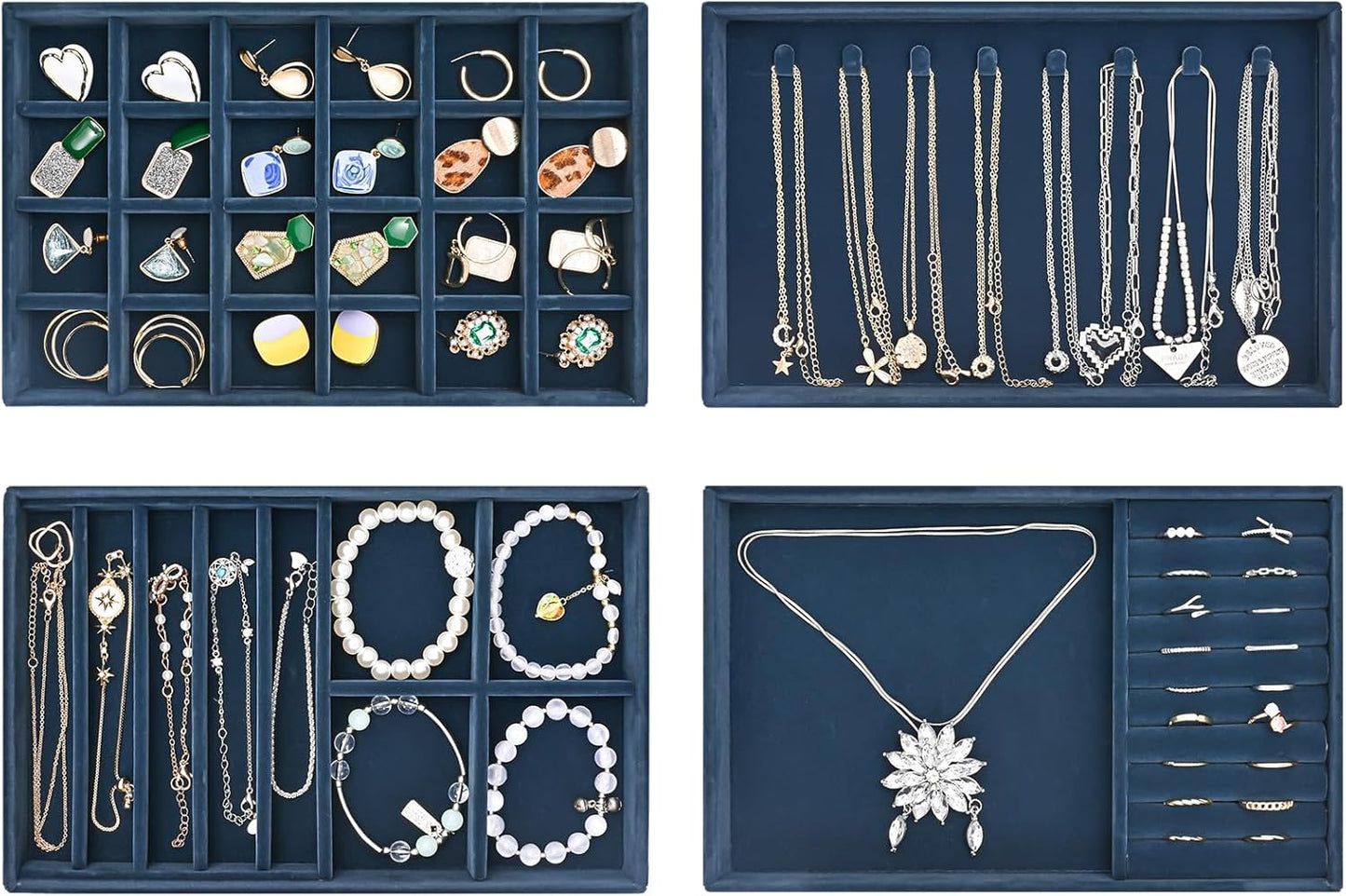 ProCase Stackable Jewelry Organizer Trays for Drawers, Jewelry Drawer Inserts Container Display Case Storage for Earring Necklace Rings Bracelet with Removable Dividers -Darkblue, 4 Layers