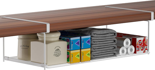 Foldable Metal Under Cabinet Organizer,Multi-Functional Hanging Storage Rack for Aluminum Foil,Plastic Wrap,Kitchen Wipes,Space-Saving,Tool-Free Install,Rust-Resistant,Ideal for Kitchen (White)