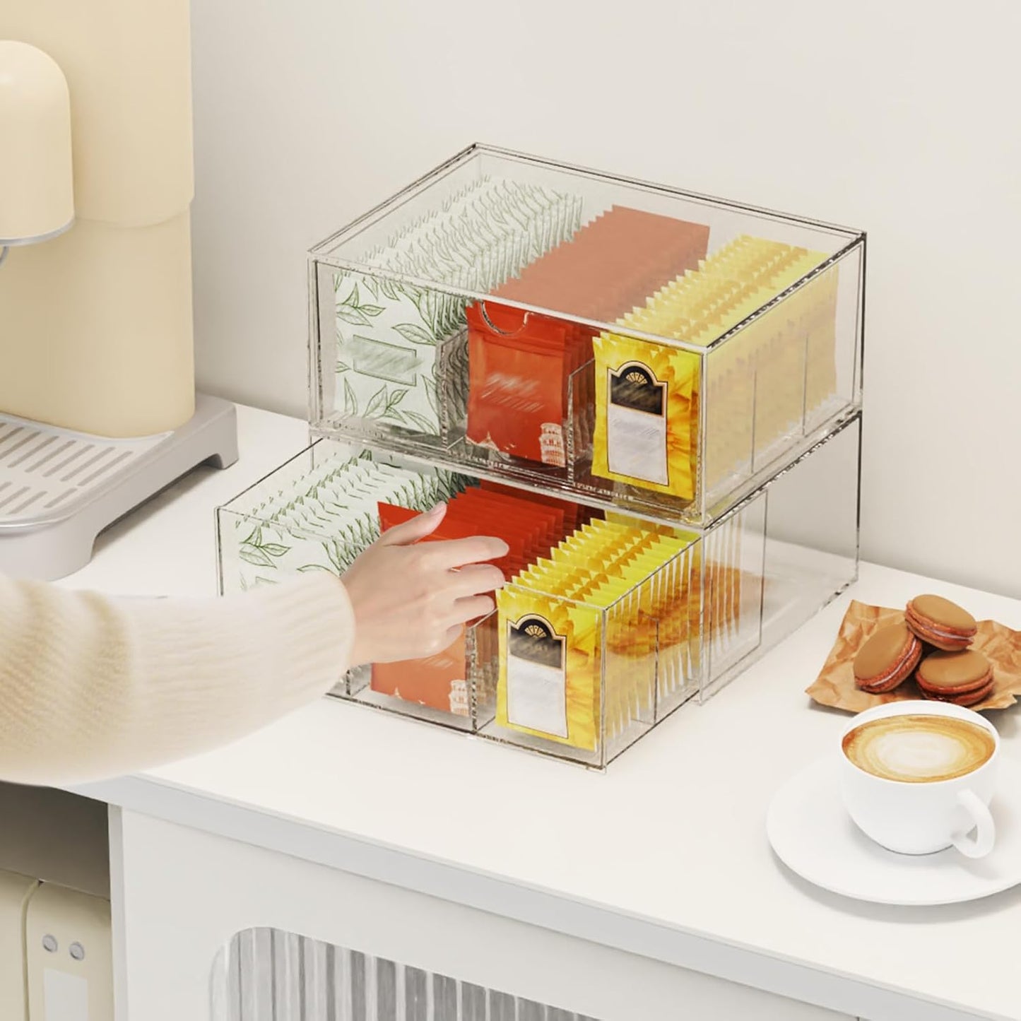 2 Pack Clear Tea Bag Organizer, Stackable Drawer Organizer with Dividers for Pantry Bathroom Vanity Kitchen - Cabinet Countertop Shelf Plastic Storage Bins for Coffee/Makeup/Cosmetic/Crafts/Underwear