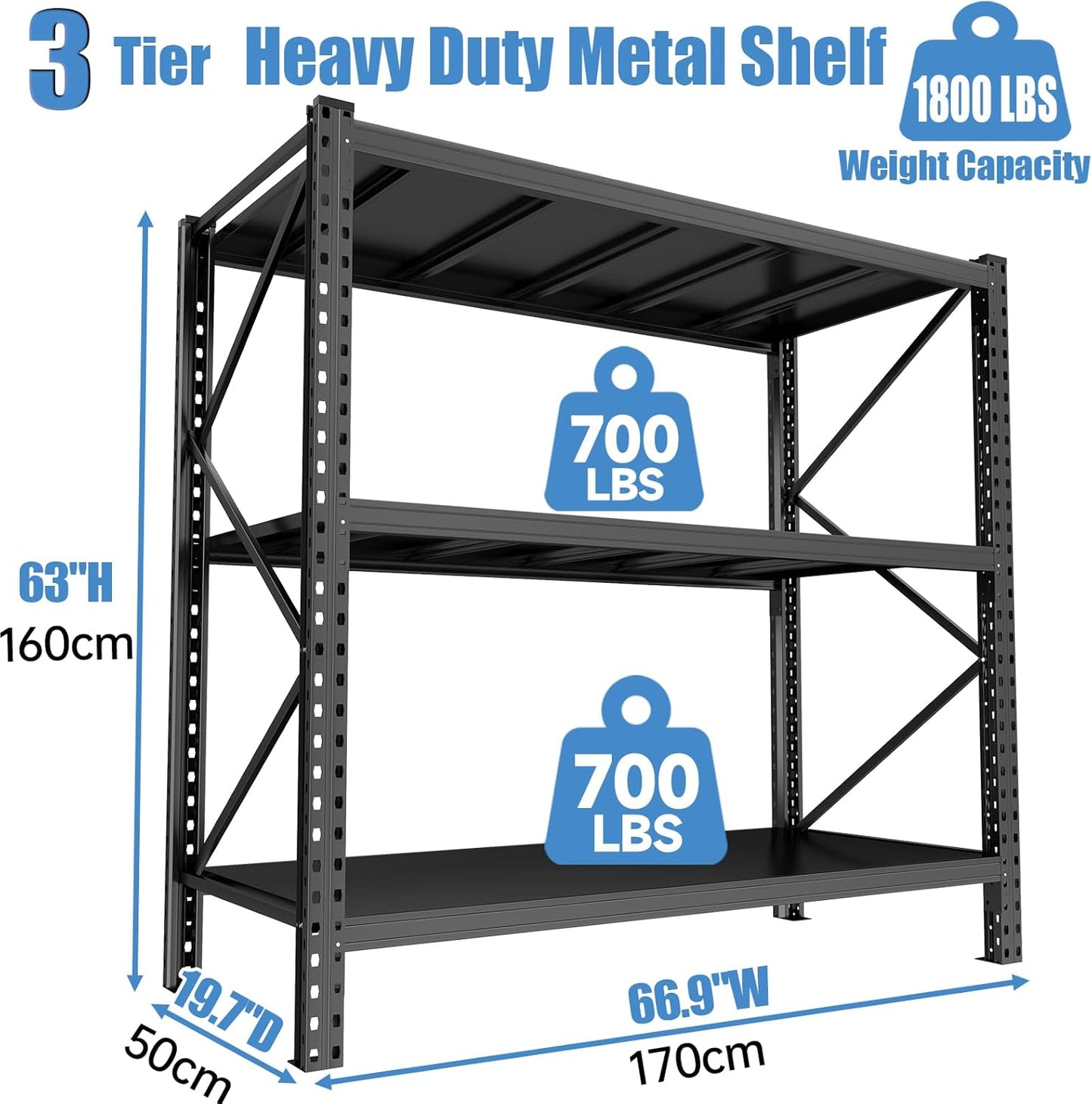 Garage Storage Shelves,5 Tier Shelving Unit, 40 inch Wide, 18” Deep, 78” Tall Organizer Metal Shelf for Basement/Laundry/Pantry Heavy Duty, Adjustable,Easy to Install (3Tier-67"WX20D"X63H)