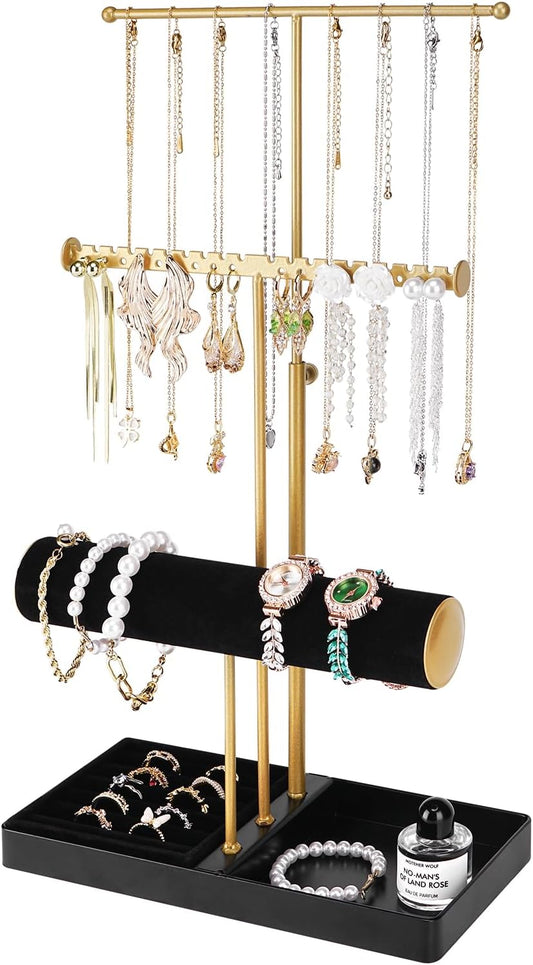 Cirhy Jewelry Organizer Stand, 3 Tier Necklace Holder for Women, Adjustable Jewelry Tree with Velvet Bracelet & Ring Tray, Elegant Jewelry Display for Necklaces, Bracelets, and Earrings（Black）