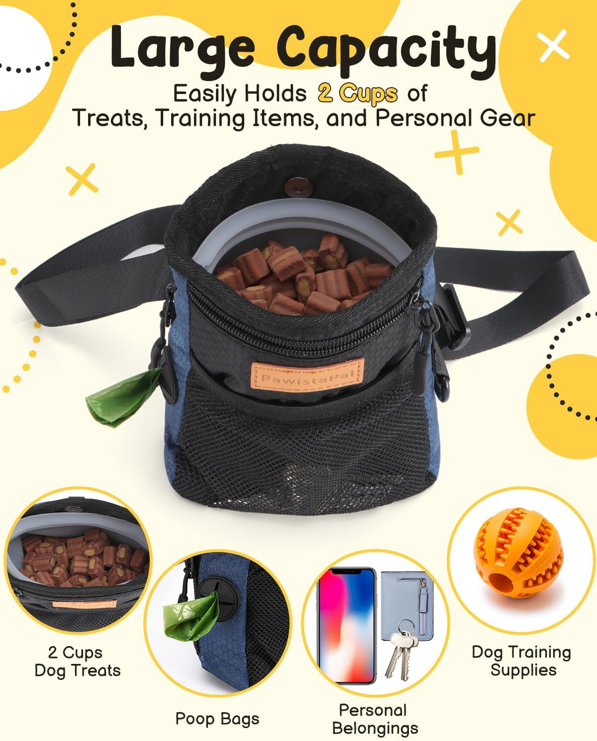 Dog Treat Pouch for Pet Training, 2-Cup Puppy Treat Holder with Silicone Liner, Magnetic Training Bag for Trainers