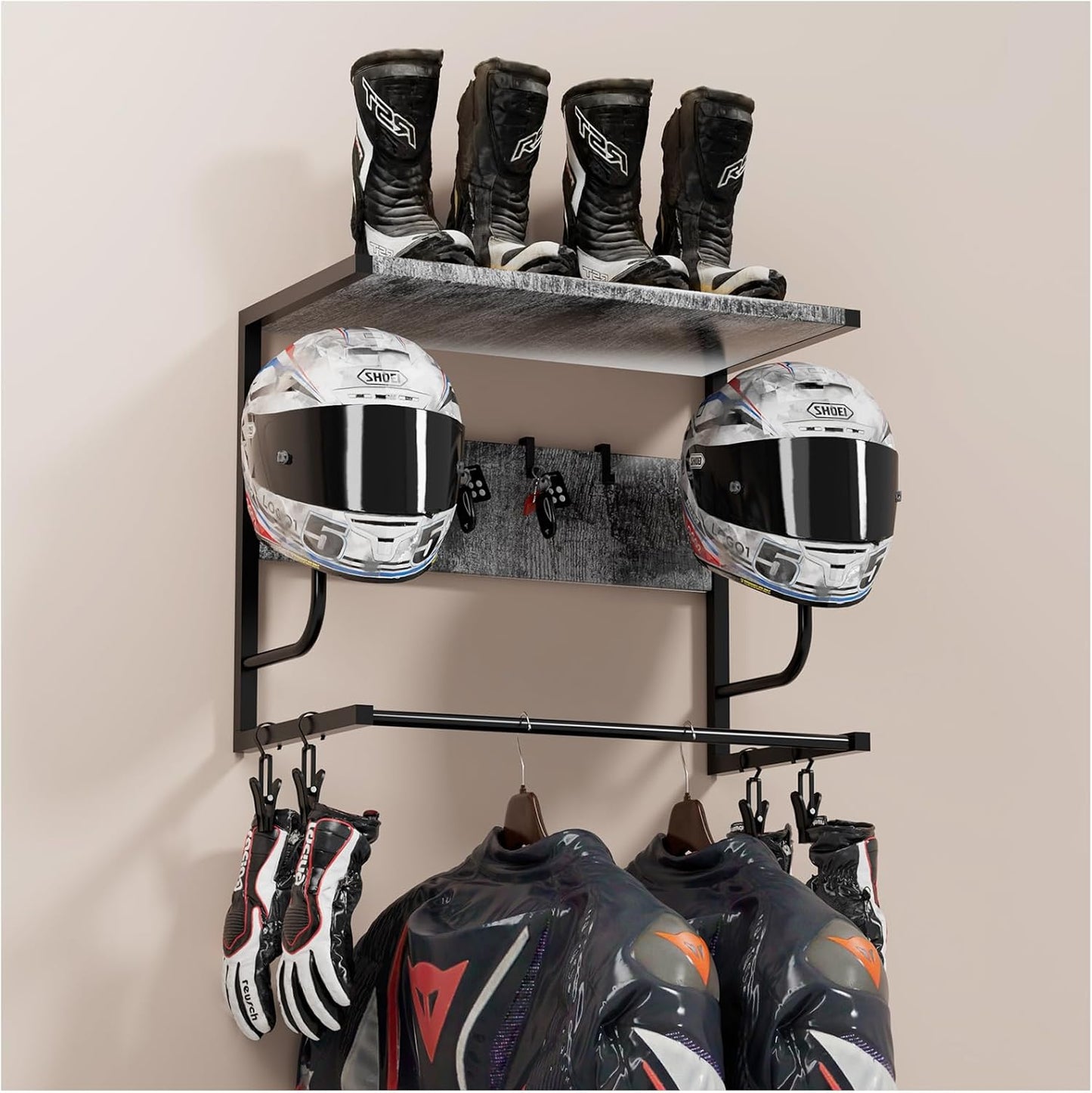 Motorcycle Helmet Holder Wall Mounted, Helmet Holder Wall Mount with Helmet Rack, Motorcycle Helmet Rack for Most of Helmet and Clothes