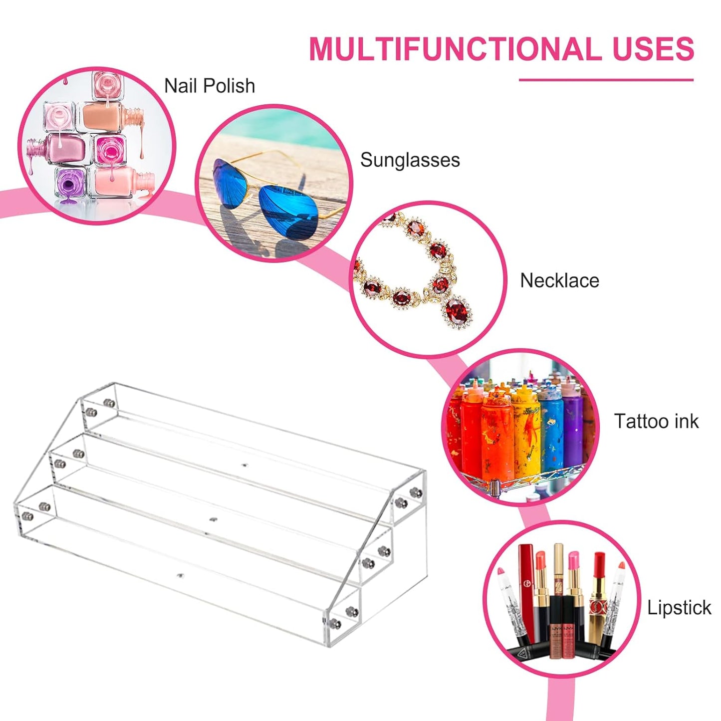 Acrylic Nail Polish Organizer Rack, 3 Tier Paint rack and Storage Shelf, Clear Display Stand for Tattoo Inks, Sunglasses, Essential Oils, Gel Nail Polish - Holds 36 Bottles