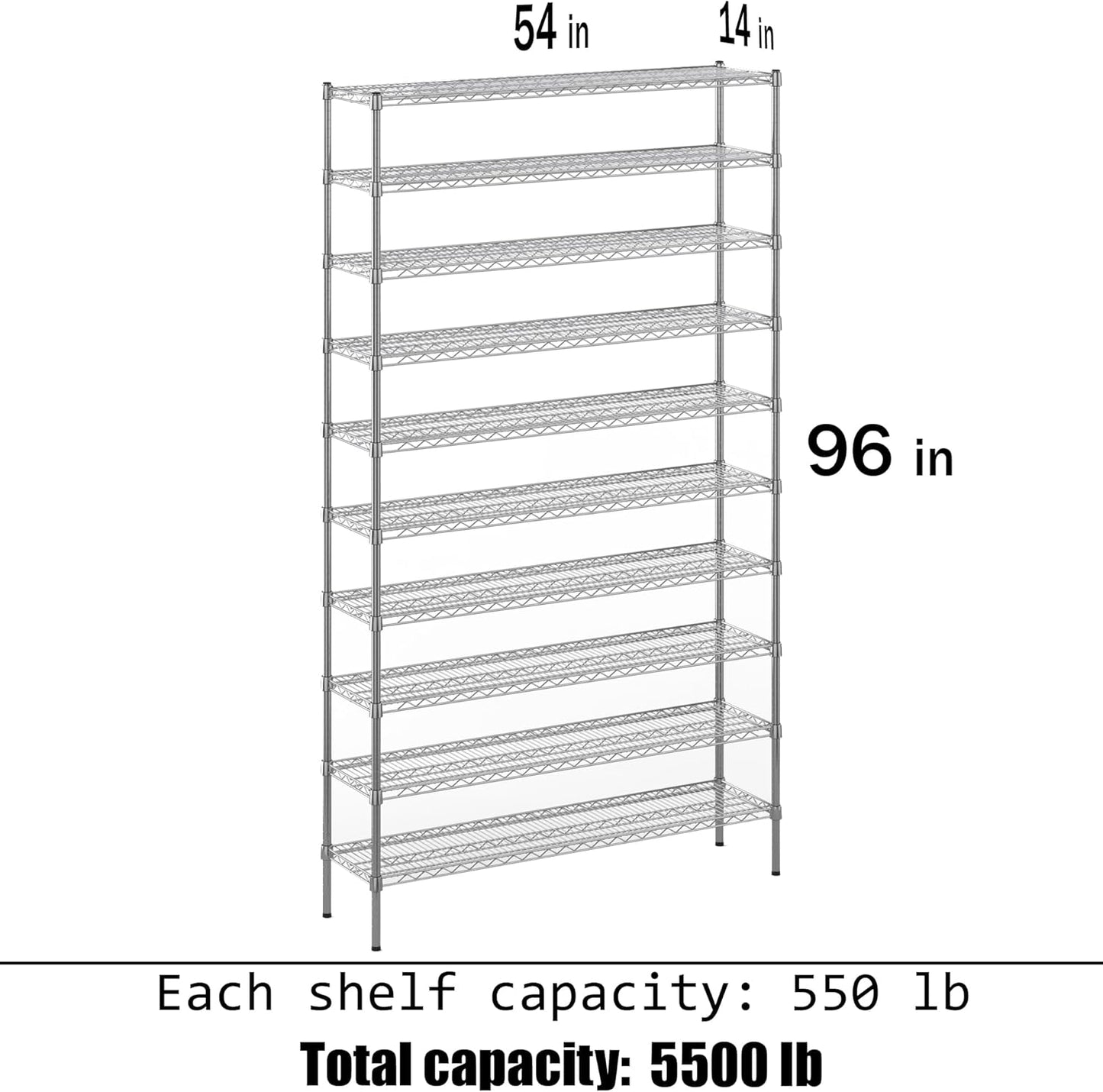 14" Deep x 54" Wide x 96" Height Wire Shelving Kit | 10-Tier | NSF Commercial Storage Rack Unit