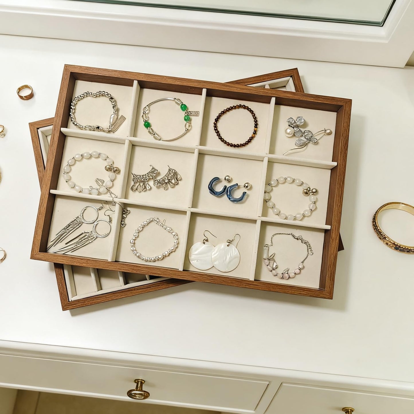 Large Jewelry Trays for Drawers Stackable Velvet Jewelry Display for Vendors Jewelry Drawer Organizer Inserts for Rings Necklace Bracelets Earrings and Studs Earring (Beige, 12 Grid)