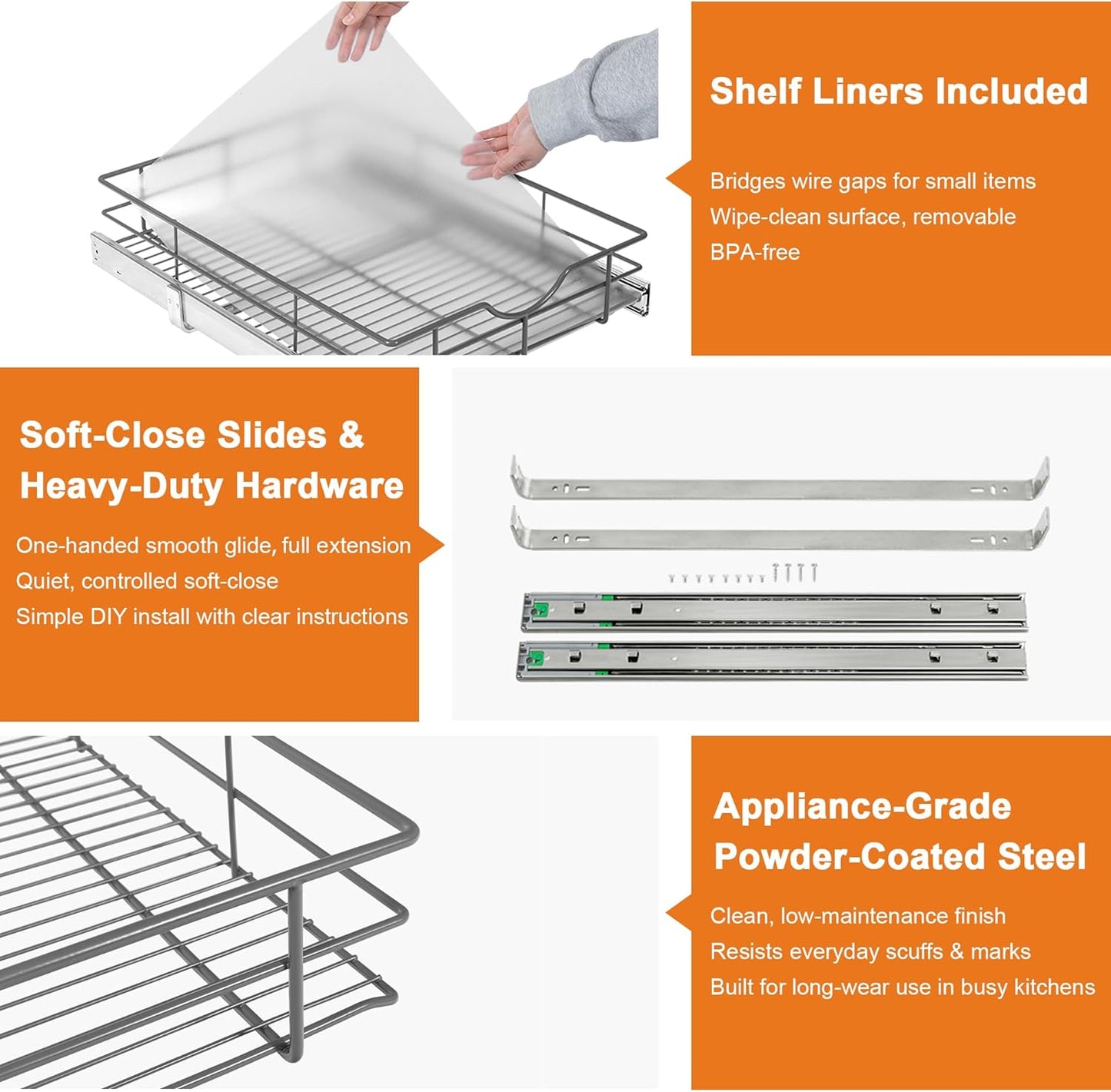 ALINE FURNITURE Pull Out Shelves - 17" W x 22" D Soft Close Pull Out Cabinet Organizer 1 Tier - Slide Out Drawers with Shelf Liner, Heavy Duty Steel Wire Baskets for Kitchen Cabinets, Pantry, Bathroom
