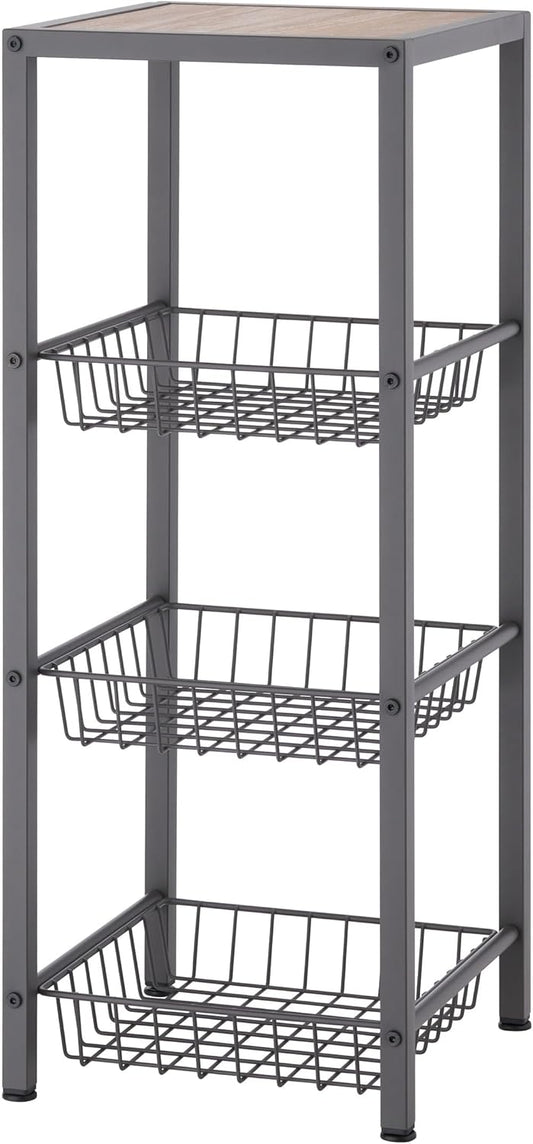 TRINITY 4-Tier Freestanding Metal Shelving Rack with Wire Baskets, Wood Top, and Adjustable Feet, 12"x12"x30", Dark Gray + Oak Brown Top