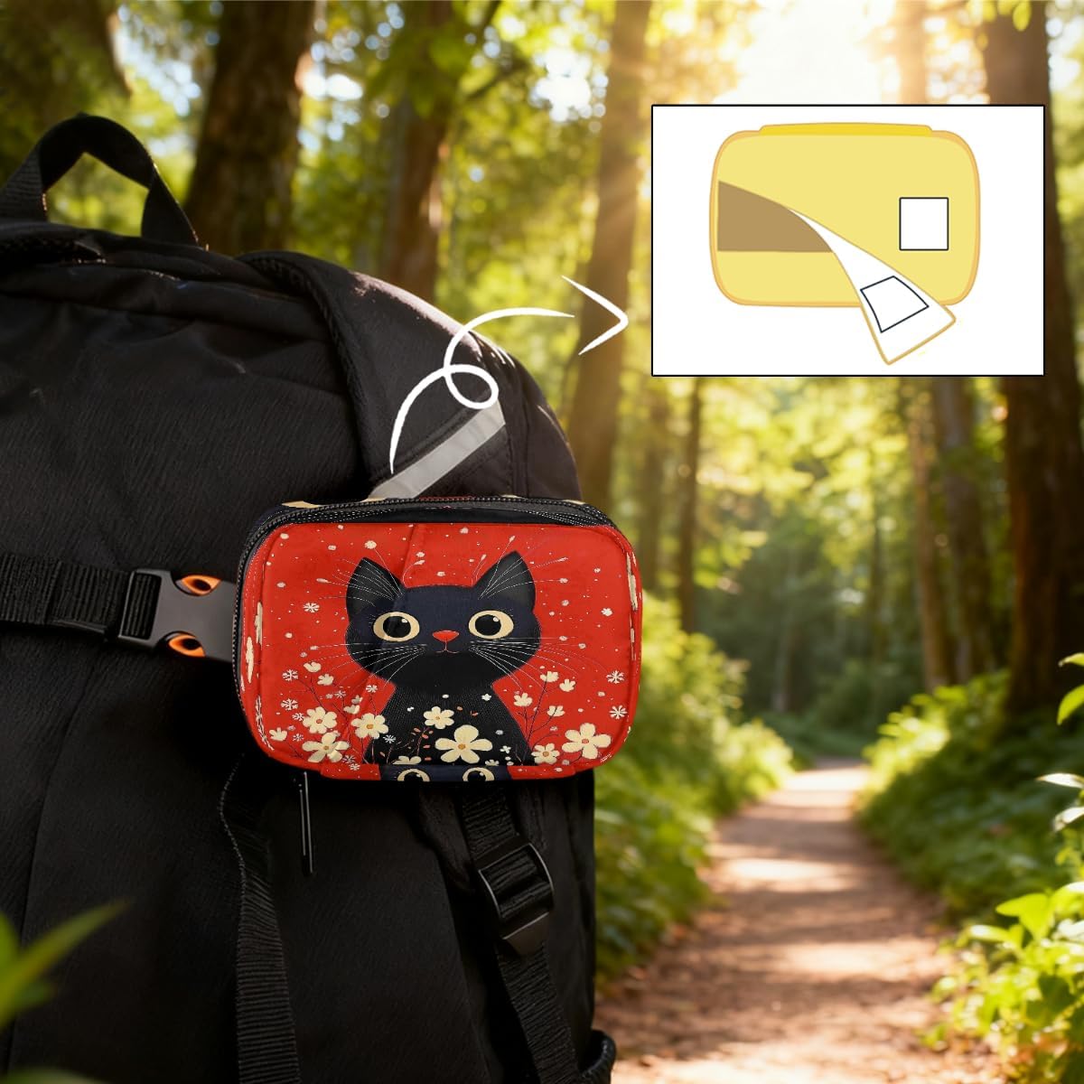 Retro Black Cat Flowers Pill Organizer Travel Medicine Case with Zipper Daily Vitamin Storage Bag Portable 8 Slot Weekly Pill Box Supplement Holder for Home Office Gym Travel