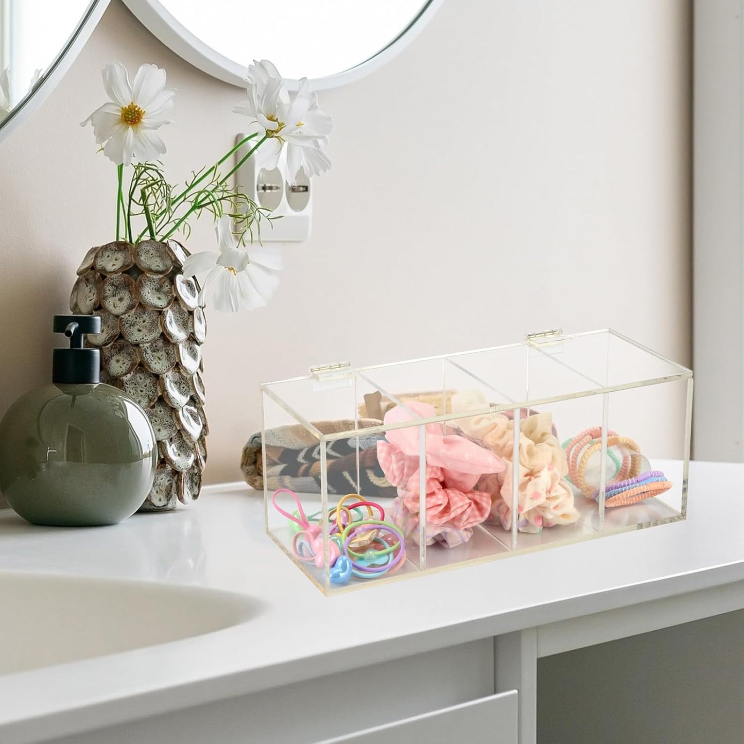 Hair Accessories Organizer for Girl, Acrylic Hair Tie Organizer Scrunchie Holder with Divider for Headband, Hair Clip, Cotton Swab, Cosmetic Cotton, Storage Box with Lid for Jewelry