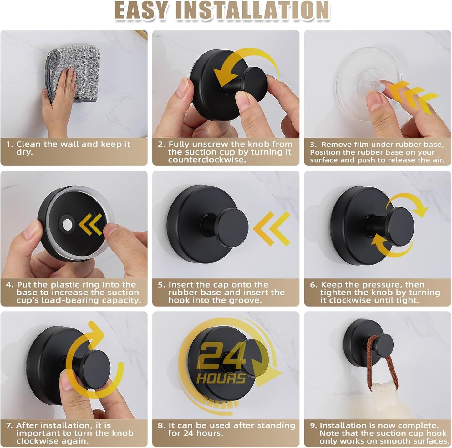 Suction Cup Hooks for Shower No-Drill Bathroom Hooks for Towels, Robes, Loofah Mountable on Bathroom Walls, Kitchen, Glass, Mirrors, Tile and Smooth,Non-Porous Surfaces (2, Matte Black)