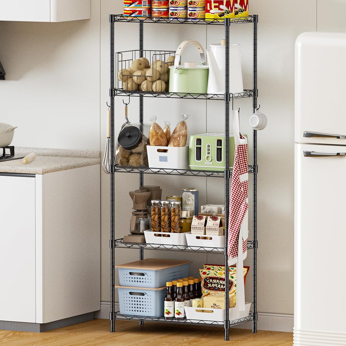 Storage Shelves,21.3" W x 11.8" D x 58.5" H Wire Shelving Unit Loads 550LBS,5-tier Adjustable Metal Utility Shelf,Garage Shelves with Liner and Hooks,Home Storage Rack for Kitchen,Laundry,Pantry