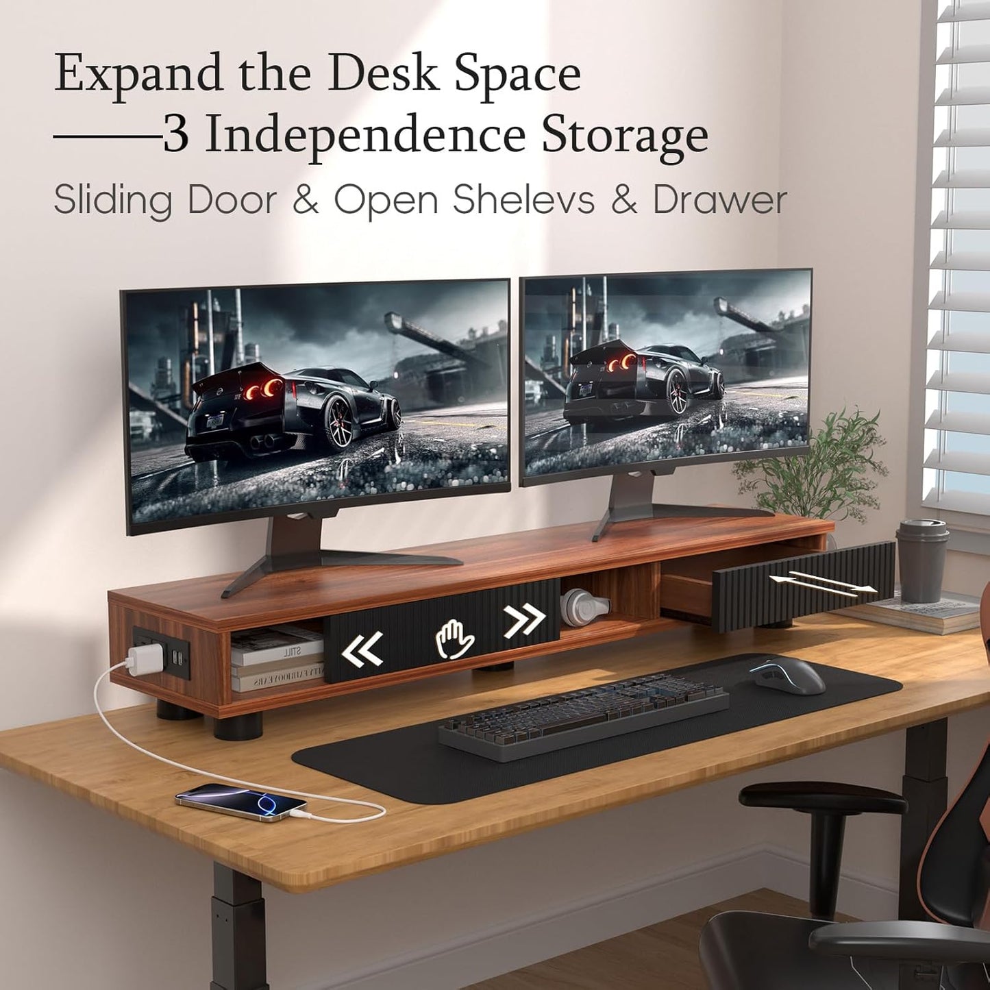Artswish Dual Monitor Riser with Power Outlet, 42 Inch Wood Monitor Stand for 2 Monitors with Drawer Storage, Computer Monitor Stand Riser with Adjustable Feet, Double Monitor Stand Desk Shelf, Walnut