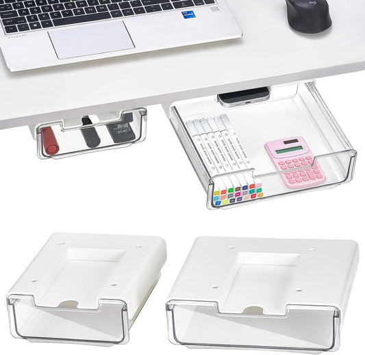 2 Pack Under Desk Hanging Drawer Slide Pull Out, Attachable Clear Acrylic Storage Tray, Easy Hidden Self Adhesive Mount Cabinet Shelf Holder for Tables, Home & Office, Counters, Workstation