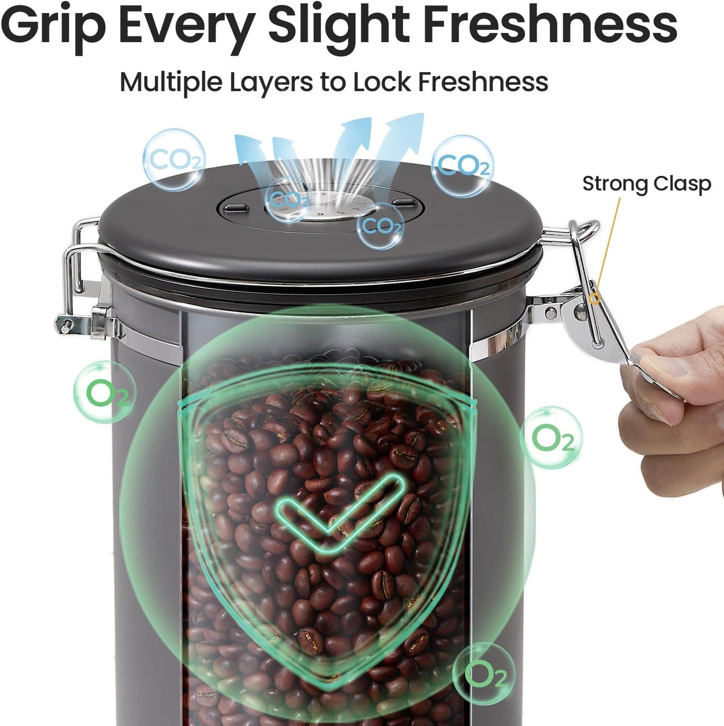 Veken Coffee Canister, Airtight Stainless Steel Kitchen Food Storage Container with Date Tracker and Scoop for Grounds Coffee, Beans, Tea, Flour, Cereal, Sugar, 22OZ, Gray