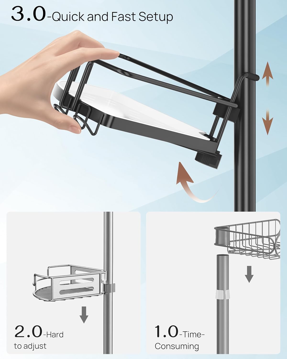 ALLZONE Corner Shower Caddy Tension Pole – Rust-Free Stainless Steel Shower Organizer with Adjustable Storage Shelves, Drill-Free Installation, Quick Setup, Extends from 34 to 116 Inches