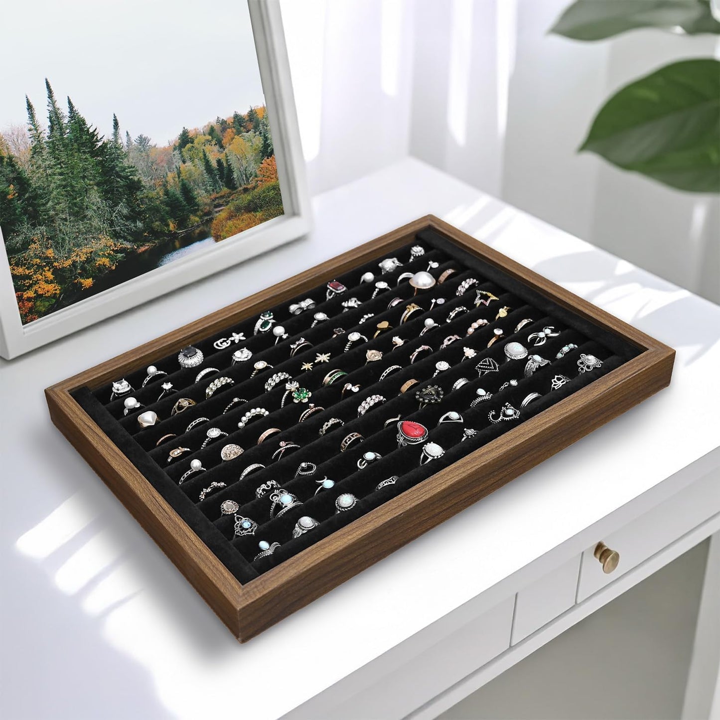 MOOCA 2 Pcs Wooden Ring Display Tray Set with Black Suede Lining, Ring Organizer for Jewelry Storage and Display, Walnut Color, 14W x 9.7D x 1.2H in