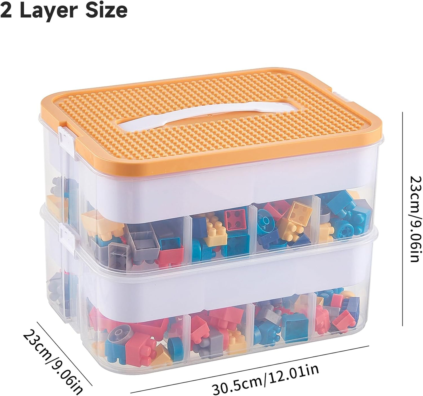Plastic Stackable Organizer Storage Case with Building Blocks Lids for lego, Storage Containers with Carrying Handle and Adjustable Grid Organizers, 2Layer Orange
