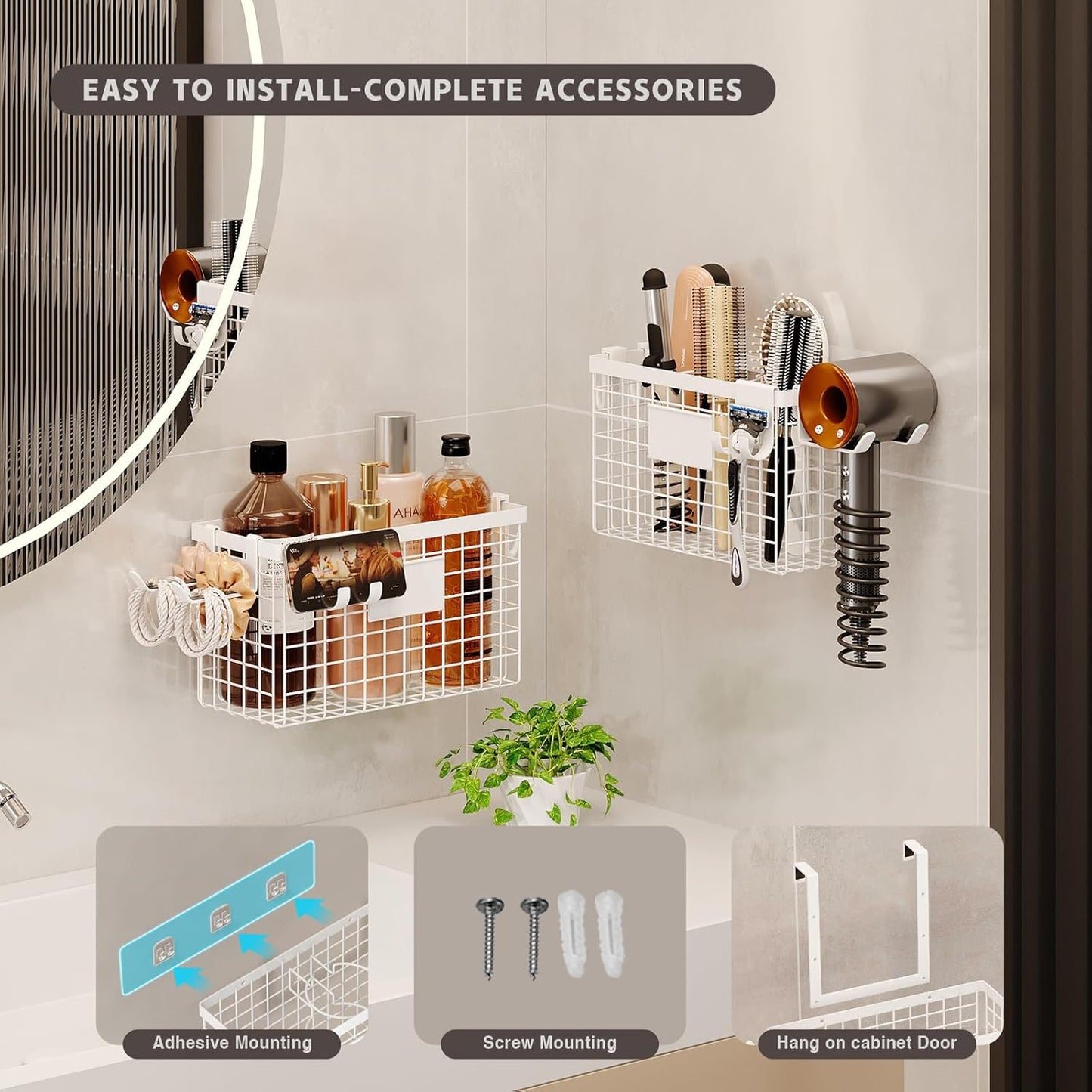Hair Dryer Holder Cabinet Door 3-in-1 Adhesive Hair Tool Organizer Wall Mounted Adjustable Height Blow Dryer Holder Under Sink Bathroom Hair Appliance Organizer and Storage Countertop(White)