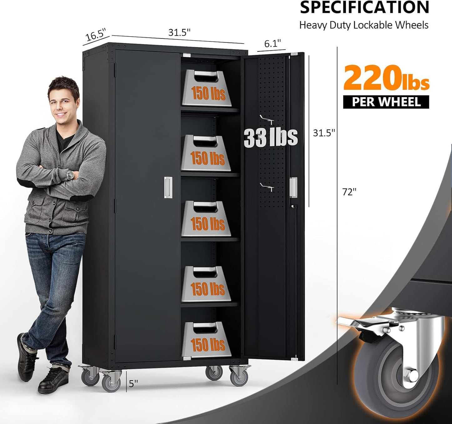 VINGLI 72'' Tall Garage Storage Cabinet, Metal Storage Cabinet with Pegboards, Wheels, Locking Doors and Adjustable Shelves (Black, 32''W x 16''D x 72''H)