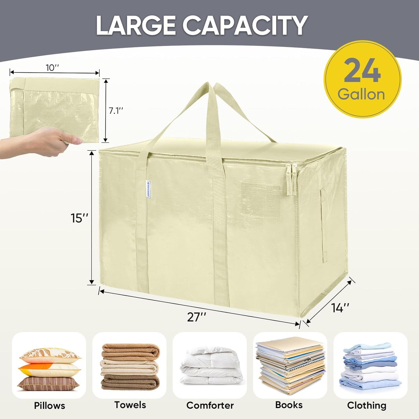 TICONN 2 Pack Extra Large Moving Bags with Zippers & Carrying Handles, Heavy-Duty Storage Tote Moving Boxes for Space Saving (2 Pack, Cream)
