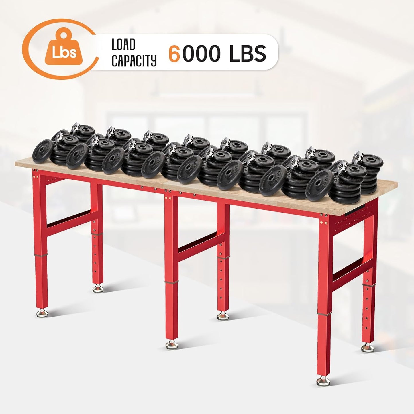 SPECRAFT 84" Red Adjustable Heavy Duty Workbench with 4 AC Outlet and 2 USB Ports Power Outlets, 6000 Lbs Capacity, Rubber Wood Top for Garage, Workshop, Office