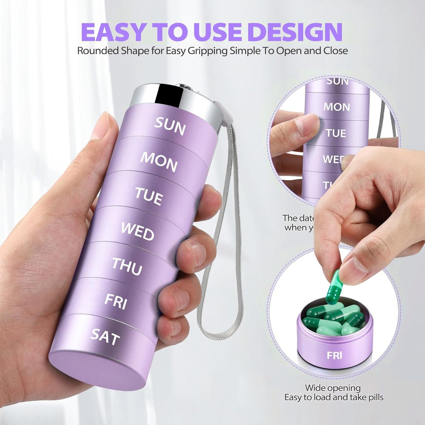 Large Weekly Pill Organizer, Metal Travel Pill Box, Portable Aluminum Alloy Waterproof Container, 7 Day Daily Medicine Organizer Holder for Vitamin, Fish Oil, Supplement, Purple